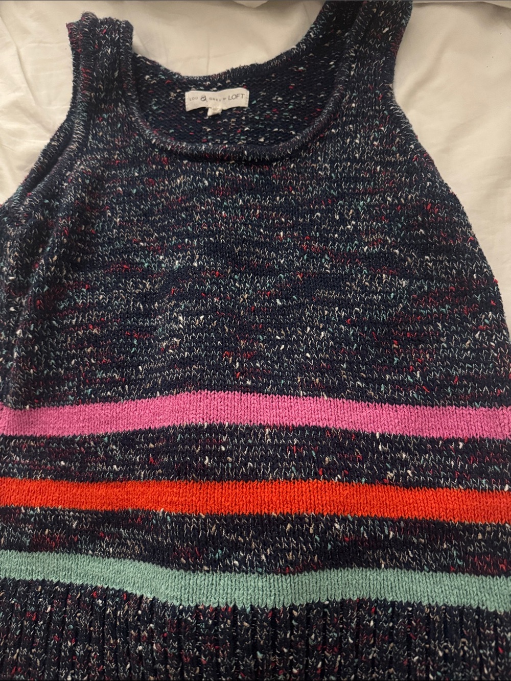 LOFT Navy Speckled Knit Tank with Pink, Orange & Mint Stripes
